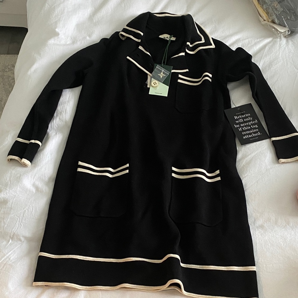 Tuckernuck Black Knit Coatigan with Cream Contrast Trim